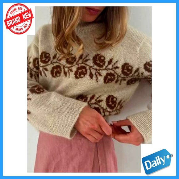 Floral Print Pullover Sweater High Neck Long Sleeve Fall Tops - Picture 3 of 5